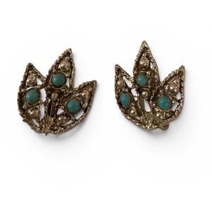 Vtg Brutalist Silver Tone Turquoise cabochon‎ Blue Leaf Clip On Earrings Boho
